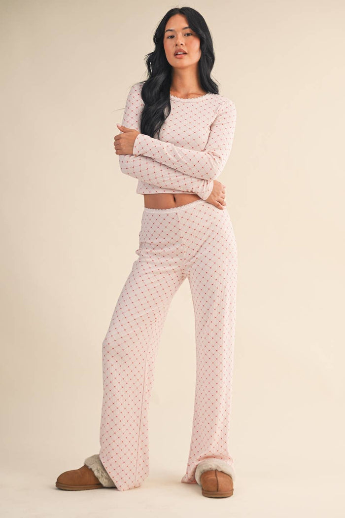 Heart Print Pointelle Lounge Set with Picot Lace Trim