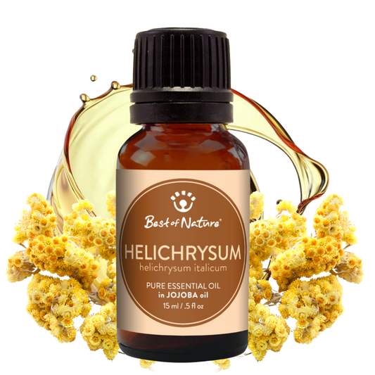 Bottle of Best of Nature Helichrysum essential oil with yellow flowers on a white background