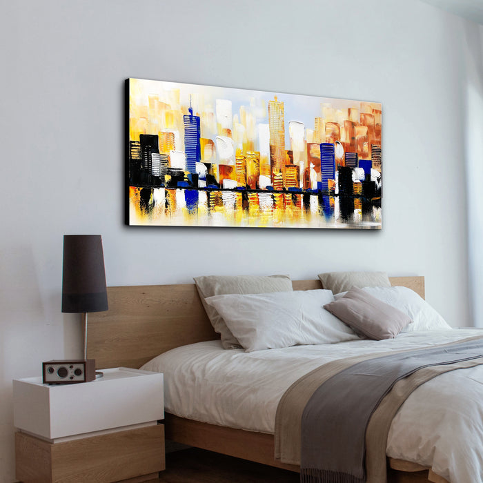 Huge Abstract Handmade Oil Painting of Buildings on Stretched Canvas in Colors