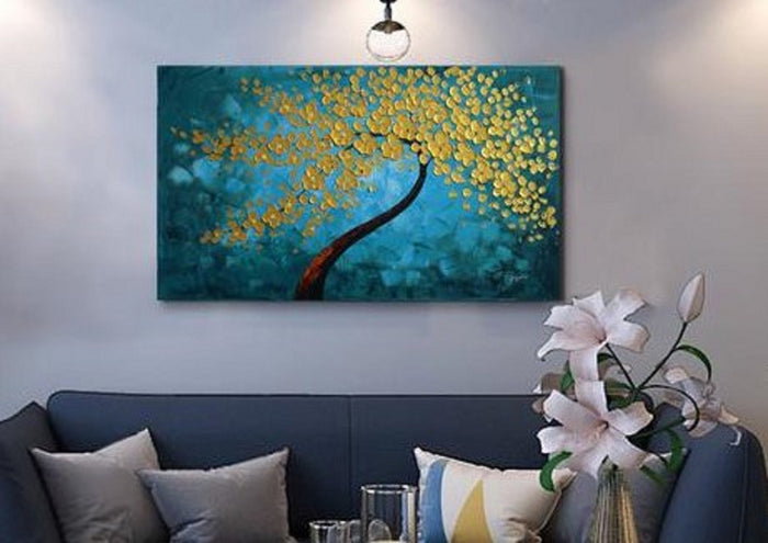 Huge Handmade Oil Painting of Golden Tree with Teal Background on Stretched Canvas