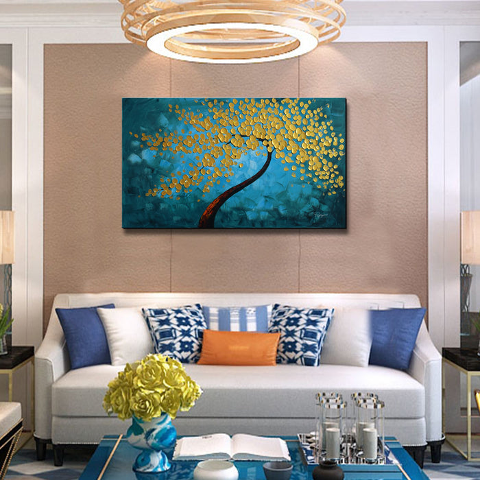 Huge Handmade Oil Painting of Golden Tree with Teal Background on Stretched Canvas