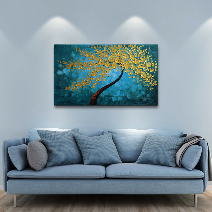 Huge Handmade Oil Painting of Golden Tree with Teal Background on Stretched Canvas