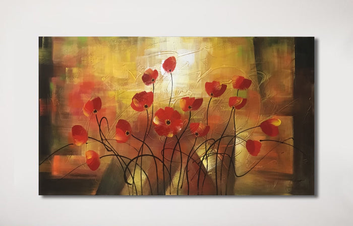 Huge Handmade Oil Painting of Red Poppy on Stretched Canvas