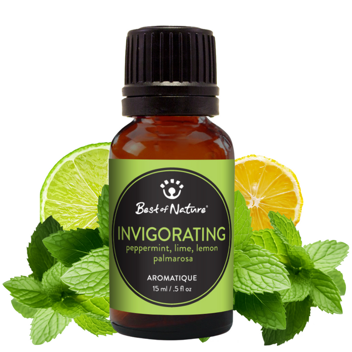 Bottle of 'Best of Nature' invigorating aromatique with mint, lime, and lemon on a white background
