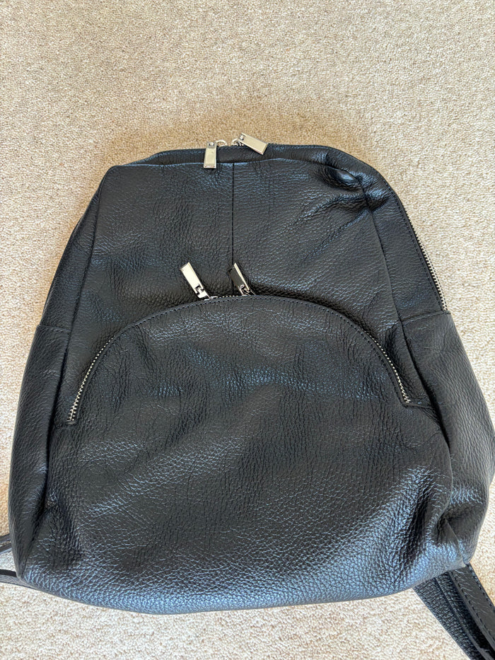 Italian Leather Black Backpack – Sleek Sophistication with Silver Accents