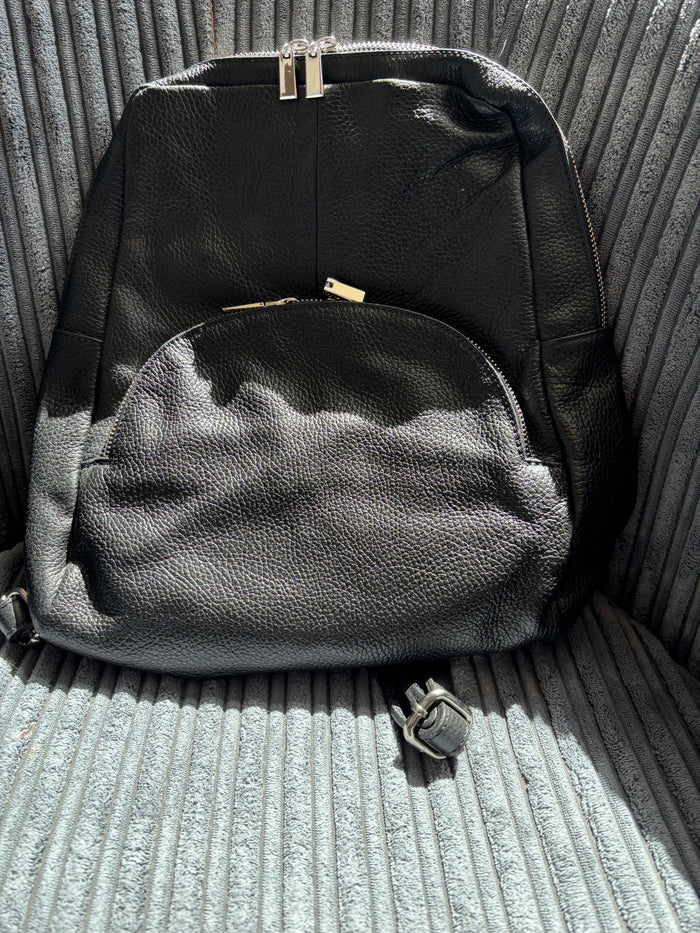 Italian Leather Black Backpack – Sleek Sophistication with Silver Accents