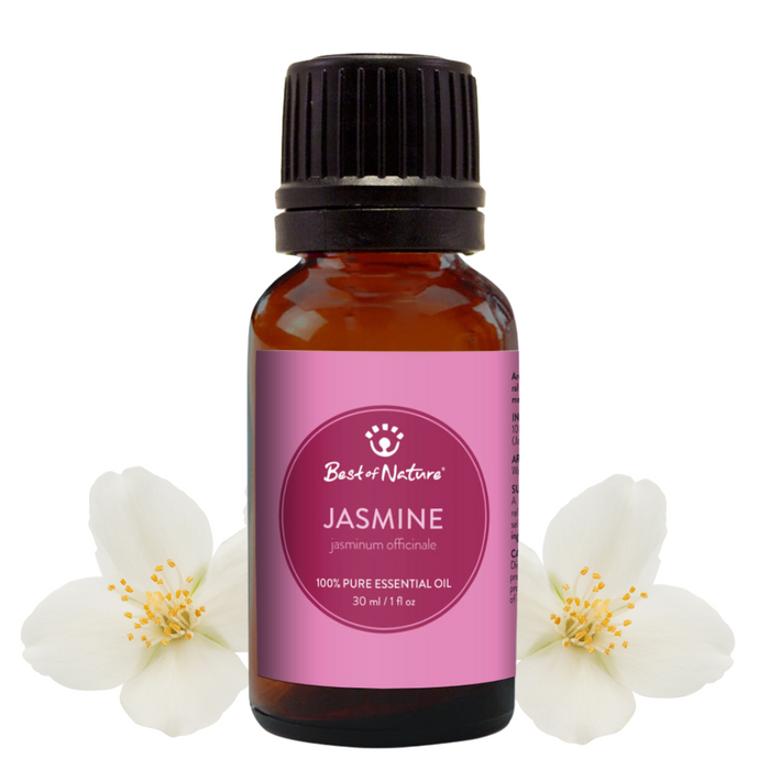 Essential oil bottle labeled 'Jasmine' with two jasmine flowers on a white background