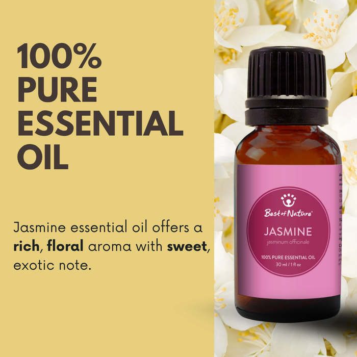 Jasmine essential oil offers a rich, floral aroma with sweet exotic notes.