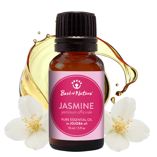 Bottle of Jasmine essential oil with a pink label, surrounded by jasmine flowers on a white background.