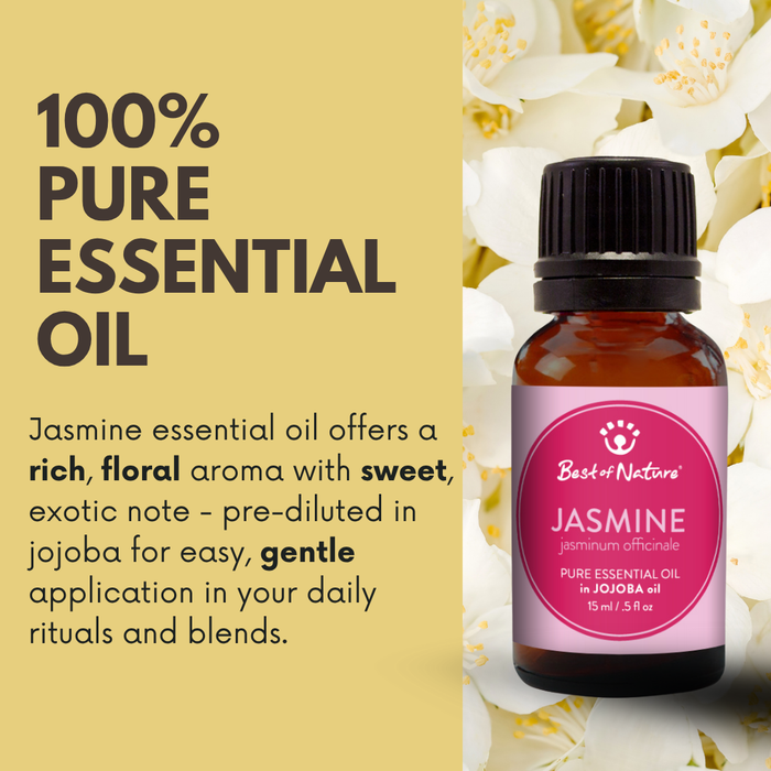 Bottle of Jasmine essential oil with a pink label on a yellow background with jasmine flowers.
