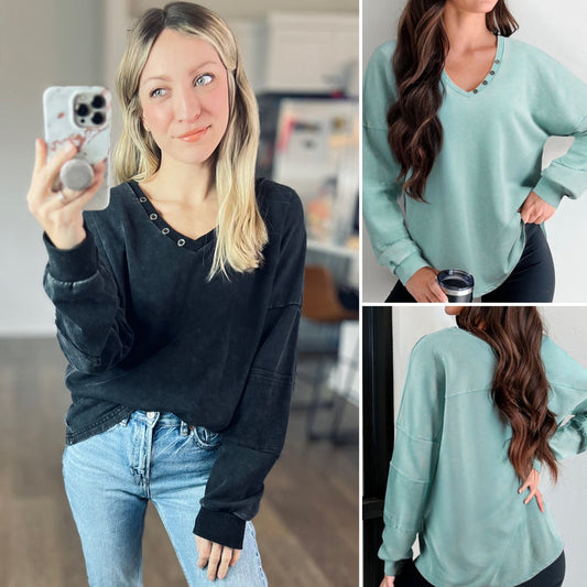 Kasen Vintage Wash Button Top