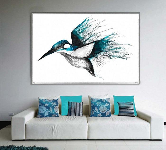 Metalic Silver Frame , Kingfisher, Print Decor