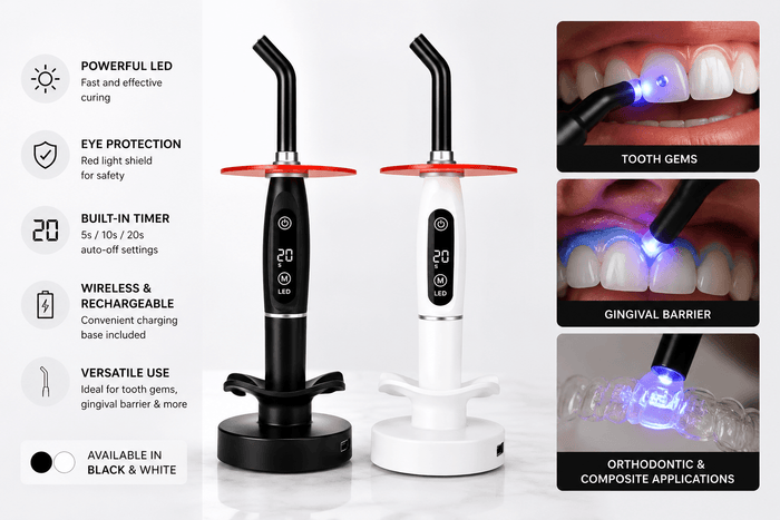 Black and white LED curing lights with charging bases