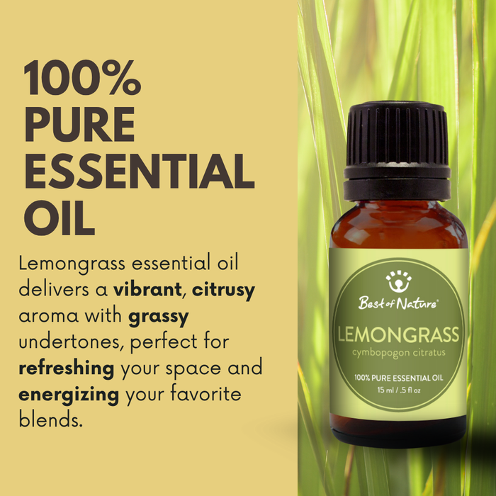 Lemongrass essential oil delivers a vibrant, citrusy aroma with grassy undertones.