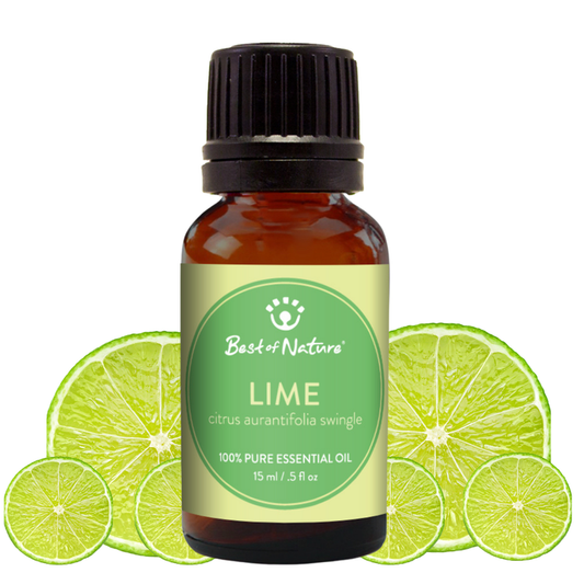 Bottle of Best of Nature lime essential oil with lime slices on a white background