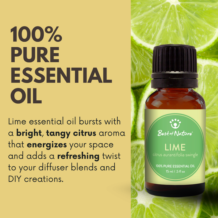 Lime essential oil bursts with a bright, tangy citrus aroma that energizes your space and adds a refreshing twist to your diffuser blends and DIY creations.