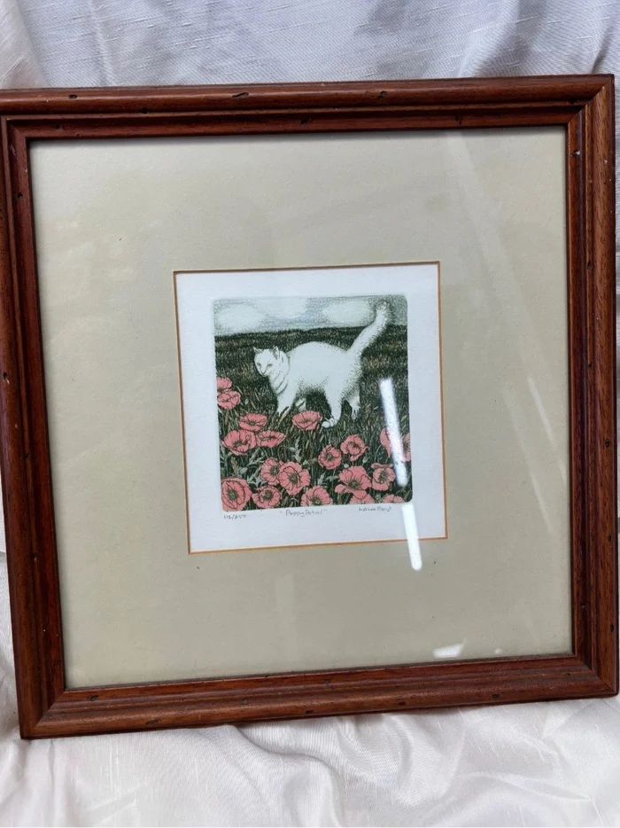 Limited edition etching White Cat 112/250 'Poppy Patrol' by Laura Boyd