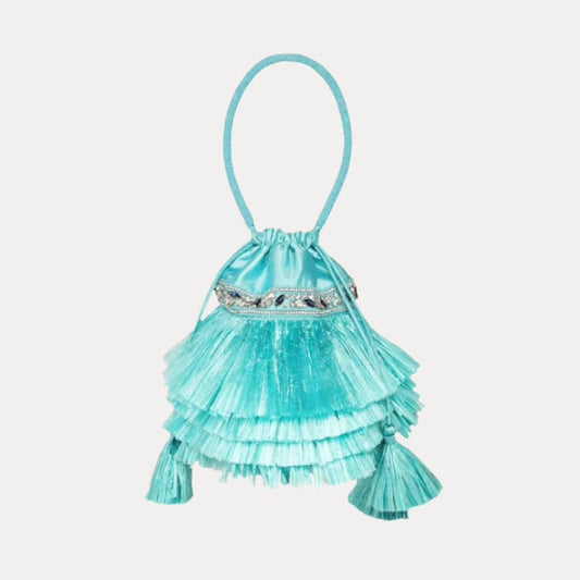 a blue bag with tassels