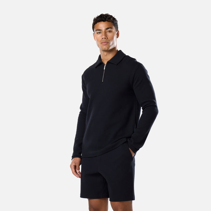 Long Sleeve Textured Polo Twinset | Black