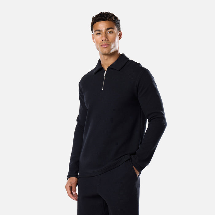 Long Sleeve Textured Polo Twinset | Black