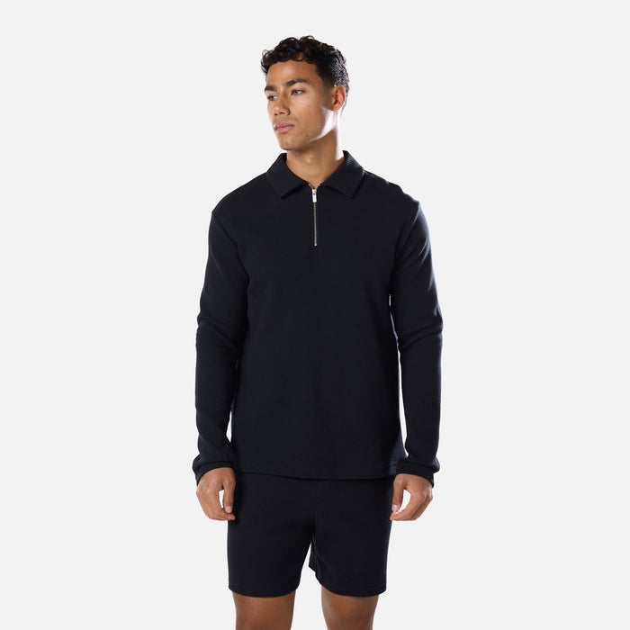 Long Sleeve Textured Polo Twinset | Black