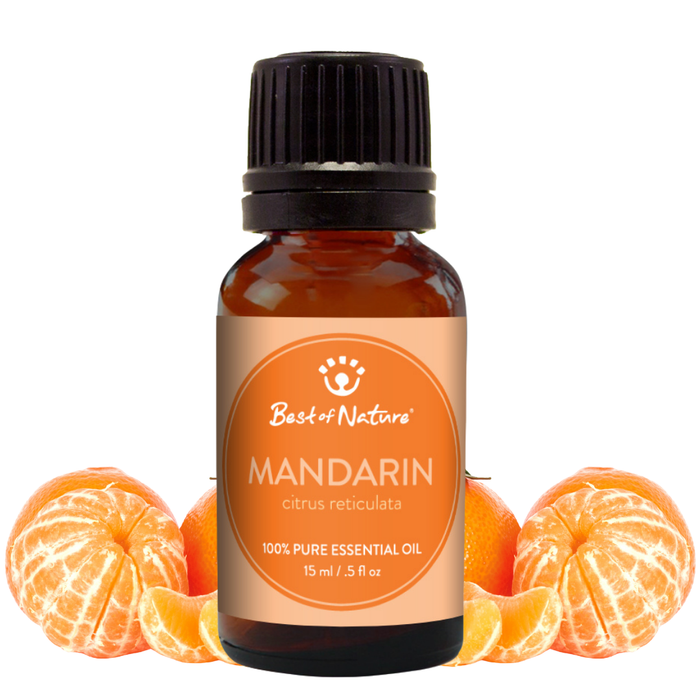 Bottle of Best of Nature Mandarin essential oil with mandarin oranges on a white background