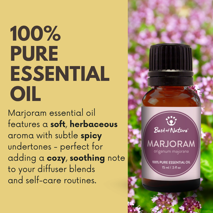 Marjoram Essential Oil 100% Pure by Best of Nature features a soft, herbaceous aroma with subtle spicy undertones