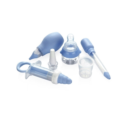 The Nuby Medical Kit is a set of blue and clear baby healthcare tools, including a nasal aspirator, oral medicine dispenser, dropper, bottle with nipple, dosing spoon, and measuring cup arranged on a white background.