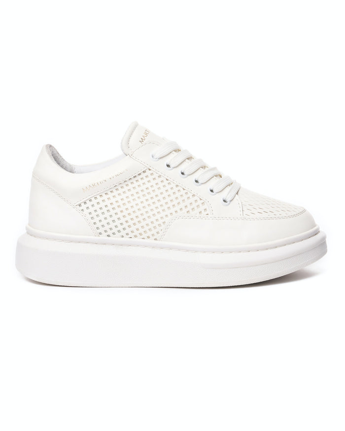 Martin Valen men's white breathable sneakers, close side view showing perforated upper and thick platform sole