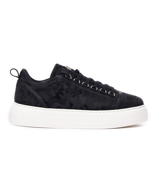 Martin Valen black camo low-top sneaker side view with white platform sole and visible lace eyelets