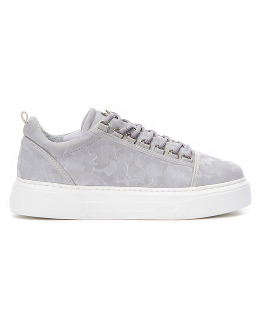 Martin Valen men's low-top gray camo sneakers, side view showing white platform sole