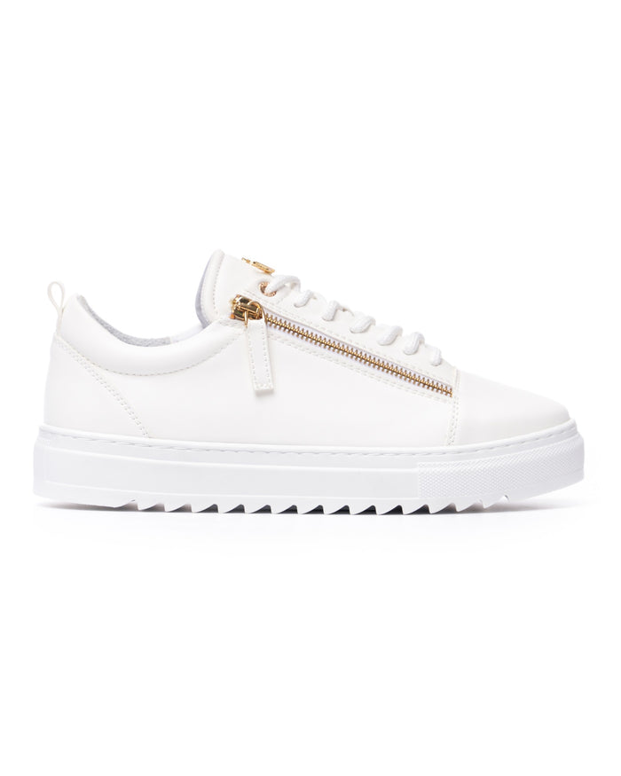 Martin Valen men's low-top white sneaker, clean side profile showing a gold zipper and serrated white platform sole