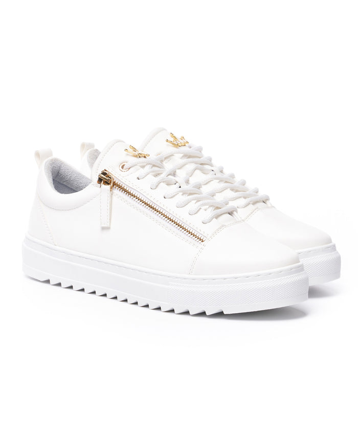 Martin Valen men's low-top white sneakers, front three-quarter view highlighting gold crown eyelets and a visible side zipper