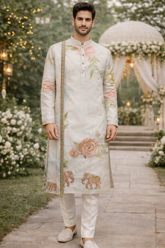 Men’s Off-White Floral Printed Kurta Set with Dupatta