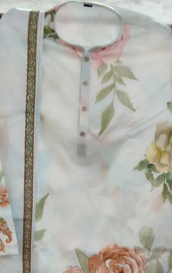 Men’s Off-White Floral Printed Kurta Set with Dupatta