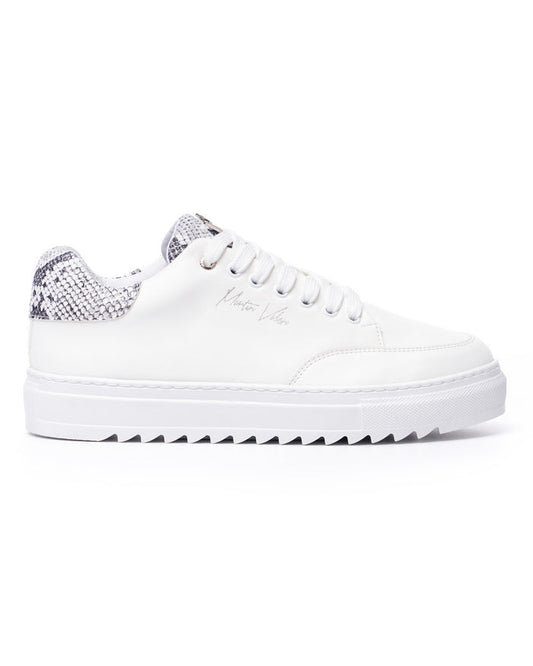Martin Valen men's white low-top sneakers, side view showing snake-print heel
