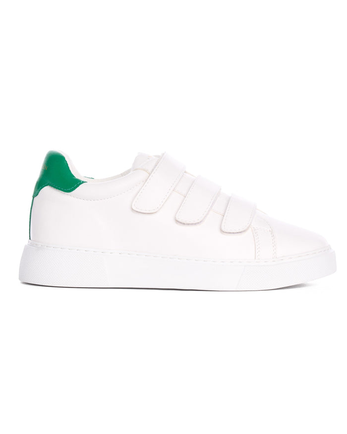 Martin Valen men's white velcro sneaker side view showing green heel tab and three velcro straps