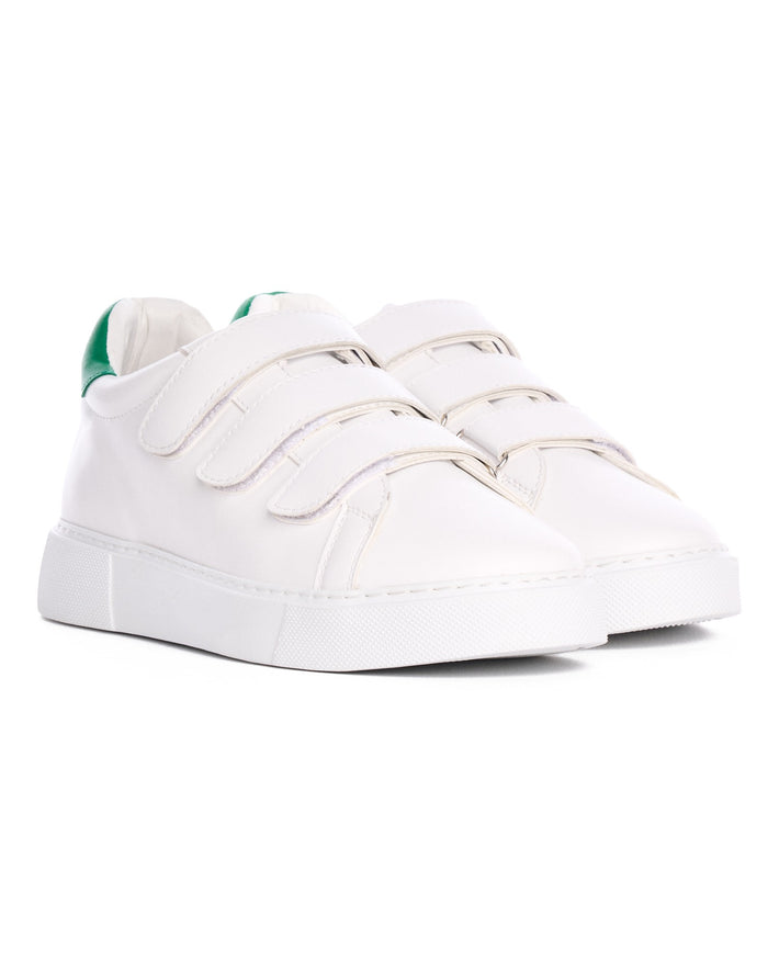 Martin Valen pair of men's white velcro sneakers front view close-up showing triple straps and green heel accents