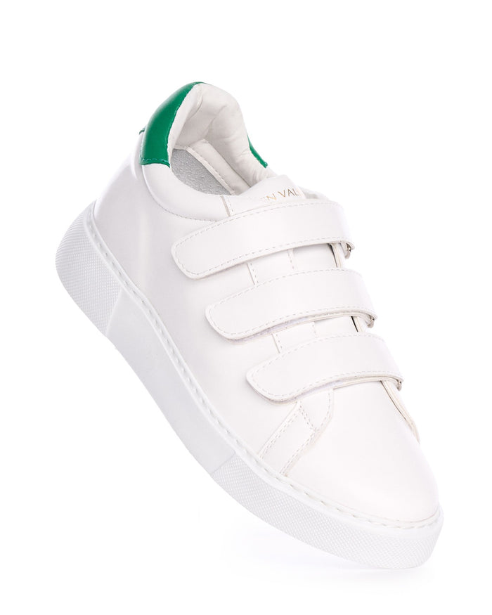 Martin Valen white men's velcro sneaker angled top view, close-up on straps, tongue and green heel tab