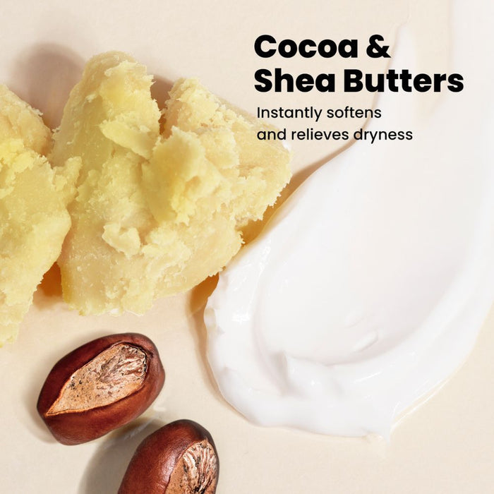 A smear of LONDONTOWN Mini Foot Balm, raw cocoa and shea butters, and two cocoa beans rest on a light surface, with text promoting deep moisturizing for smoother soles and softer feet.
