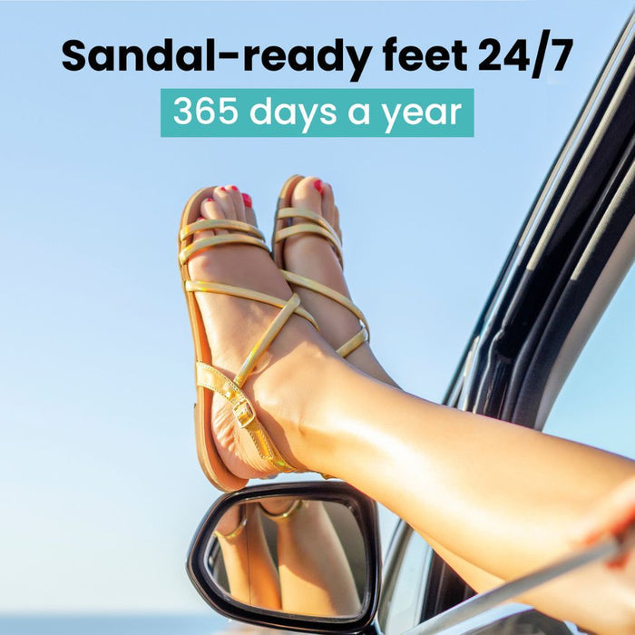A person with gold sandals rests their feet out a car window beneath a blue sky, with text: "LONDONTOWN Mini Foot Balm—sandal-ready, softer feet all day, every day.