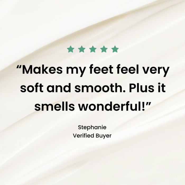 A five-star review for LONDONTOWN Mini Foot Balm says: “Makes my feet feel very soft and smooth—my soles have never been smoother. Plus it smells wonderful!” – Stephanie, Verified Buyer.