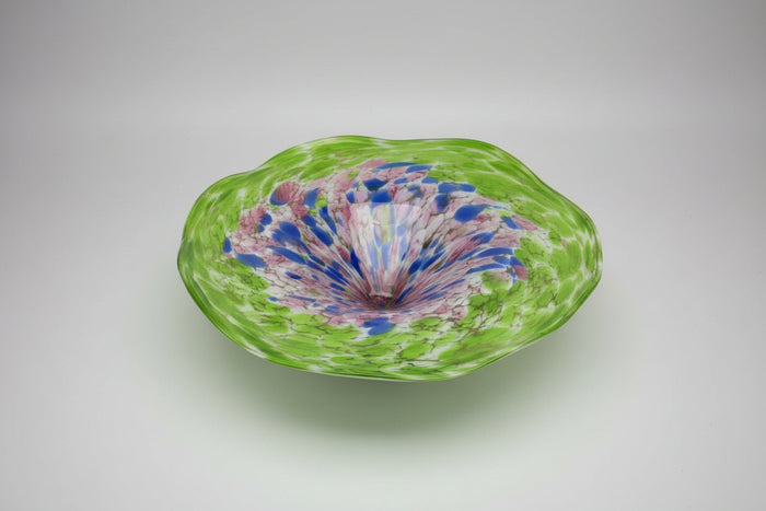 Murano flared glass bowl, decorative art green, blue, pink ruffled