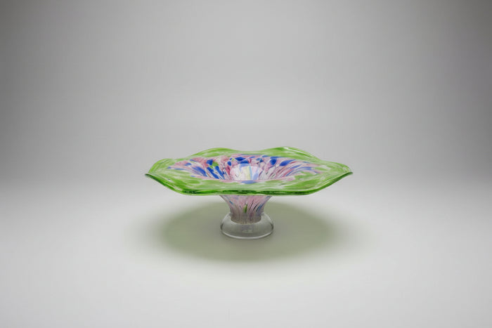Murano flared glass bowl, decorative art green, blue, pink ruffled