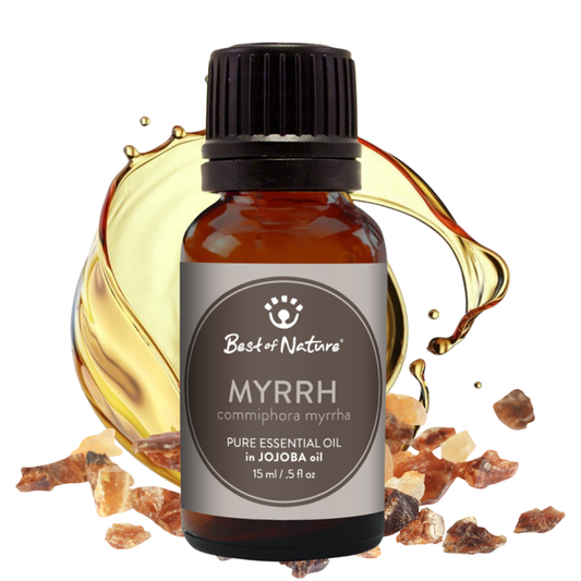 Bottle of Best of Nature Myrrh essential oil with myrrh resin on a white background