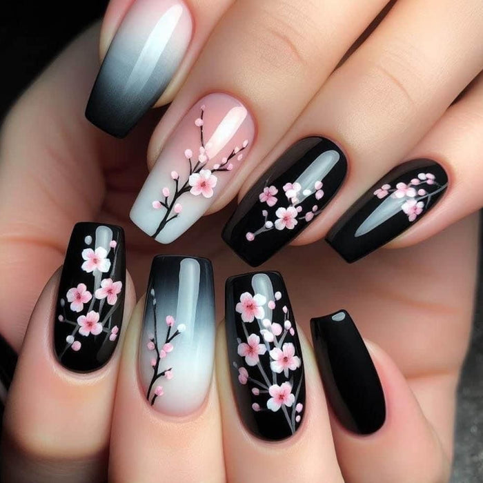 NA008 - Black Plum Blossom Glam Nails