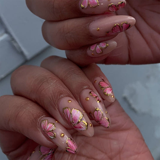 NA009 - Butterfly Floral Pink Glam Nails