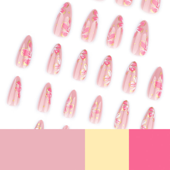 NA009 - Butterfly Floral Pink Glam Nails
