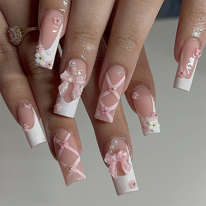 NA021 - Pink Bow Nail Cute Glam Nails
