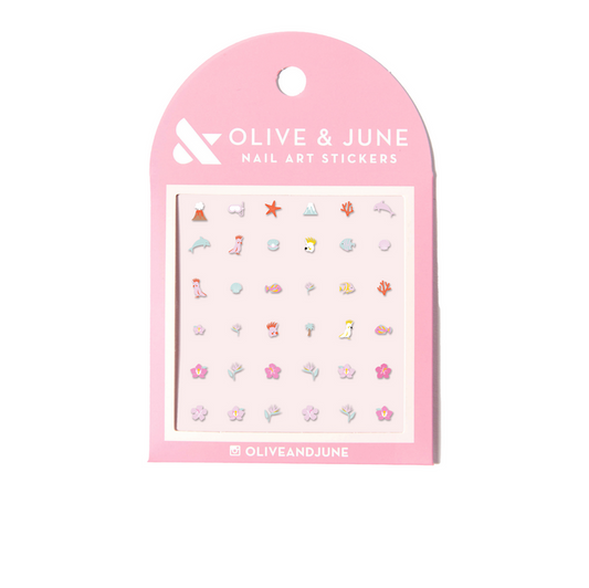 Nail Paradise nail art stickers featuring tropical and floral designs on a pink backing card by Olive and June